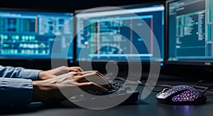 Programmer working on multiple screens