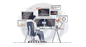 Programmer working on multiple screens with code and data visualizations