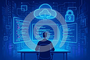 Programmer working on multiple screens displaying code and cloud computing interface programming coding
