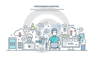 Programmer working. Programming in high-level languages, process of developing applications.