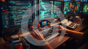 Programmer working on software development project using multiple monitors and keyboard