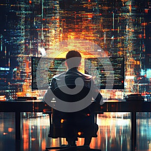 Programmer working with source code on computer in futuristic office