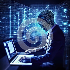 Programmer working at their computer, surrounded by monitors displaying code. Generative AI