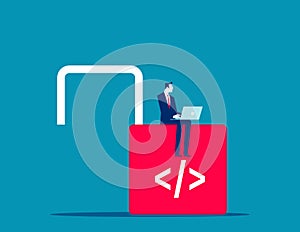 Programmer working using computer laptop working on unlock lock with coding symbol