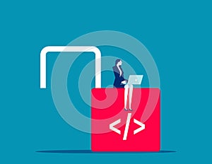 Programmer working using computer laptop working on unlock lock with coding symbol