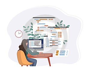 Programmer working on web development code. Engineer programming in python, php and java script on computer. Vector