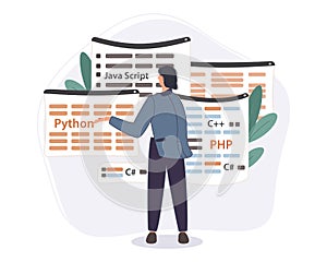 Programmer working on web development code. Engineer programming in python, php and java script on computer. Vector