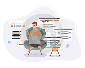 Programmer working on web development code. Engineer programming in python, php and java script on computer. Vector