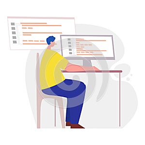 Programmer working on web development on computer. Concept of script coding and programming in php, python, javascript