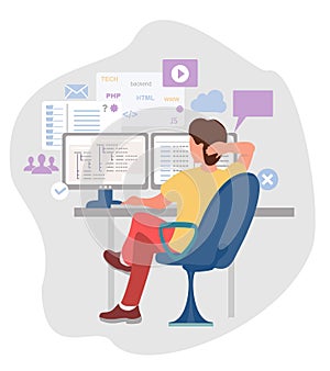 Programmer working on web development on computer. Concept of script coding and programming. Software developer