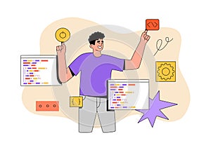 Programmer working on web development on virtual computer screen