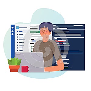 Programmer working writing code on laptop with line of code programming language on screen. Web developer using version
