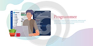 Programmer working writing code on laptop with line of code programming language on screen. Web developer using version
