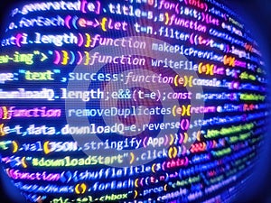 Programmer workplace. Abstract program code on computer screen. Programmer working of software. Php code on blue background in