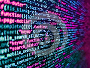 Programmer workplace. Abstract source code background. Program development concept. Developer working on source codes on computer
