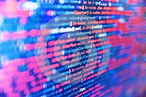 Programmer workplace. Data encryption security code on a computer display. Programmer Typing New Lines of HTML Code. Web server