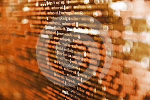 Programmer workplace. Data encryption security code on a computer display. Programmer Typing New Lines of HTML Code. Web server