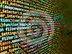Programmer workplace. Web programming and bracket technology background. Future technology creation process. SEO optimization.