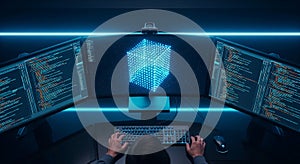 Programmer Coding on Multiple Monitors with Futuristic Data Visualization