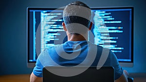 A programmer works late at night coding software on a large computer screen.