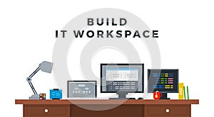 Programmer workspace interior vector icon flat isolated