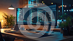 Programmer workstation displaying code on a curved monitor