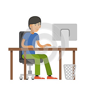 Programmer Writes Code for a Computer. Young Man Sitting at Desk. Vector