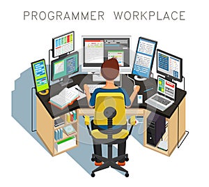 The programmer writes code. Vector illustration