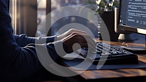 Programmer writing code on computer keyboard at home office