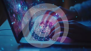 Programmer writing code and generating digital data on laptop keyboard