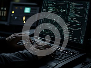 Programmer writing code on laptop in dark room