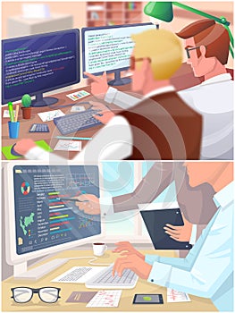 Programmers and analyst at table with computer pointing to display with charts and program code