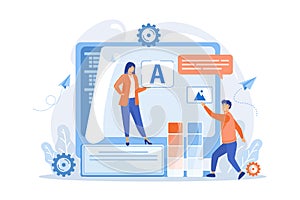 Programmers at computer using low code platform on computer, tiny people. Low code development, low code platform, LCDP easy