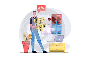 Programmers concept in modern flat design for web. Developer working with program code at laptop, engineering and improving