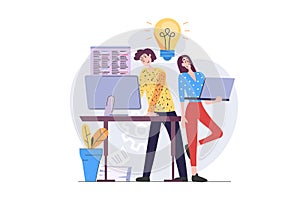 Programmers concept in modern flat design for web. Developers team working with code at laptop and computer, brainstorming and