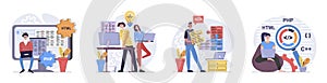 Programmers concept with people scenes set in flat web design. Collection of character situation with developers working