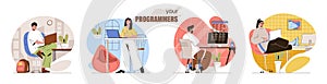 Programmers concept scenes set. Developers coding, create software or applications, testing products, work on project. Collection