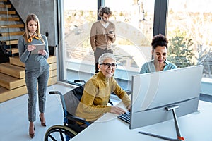 Programmers cooperating at IT company developing apps. People business work office concept