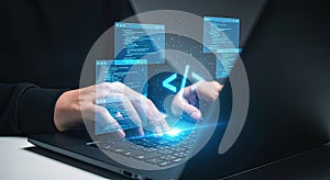Programmers Hands Typing Code on Laptop with Digital Interface Overlays