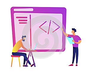 Programmers with laptop coding vector illustration.