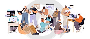 Programmers team works at computers together. Coders programming, write script, improve code. Process of web app