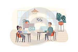 Programmers testing software scene. Teamwork fixing bugs