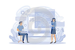 Programmers using JavaScript programming language on computer, tiny people. JavaScript language, JavaScript engine, JS web