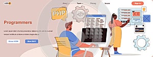 Programmers web concept. Developers program, create applications