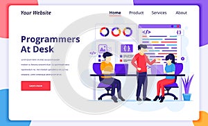 Programmers at work concept, People work on laptop programming and coding. Modern flat web page design for website and mobile