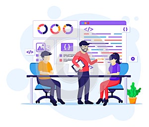 Programmers at work concept, People work on table using laptops programming and coding