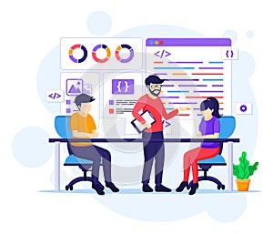 Programmers at work concept, People work on table using laptops programming and coding flat vector illustration