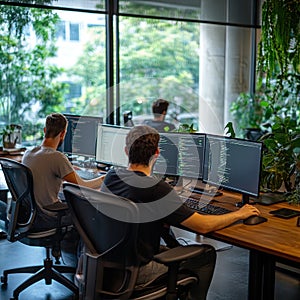 Programmers working on computer screens in modern office