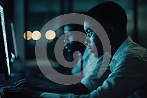 Programmers working late at night on computer code