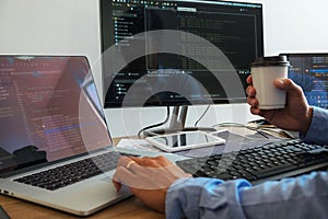 Programmers working in programming Programmer, developer and coding technology Website design, cybersecurity in the cyberspace